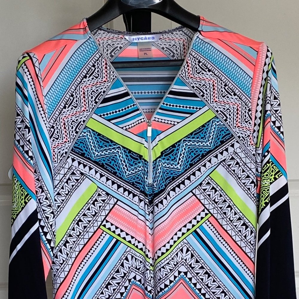 Nygard Tunic with Very Bright Neon Orange, Turquoise and Yellow - Picture 2 of 8